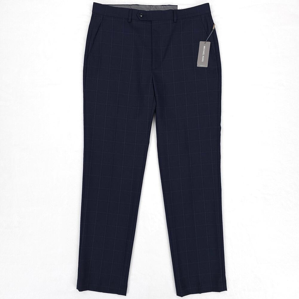 Michael Kors Mens Classic Fit Suit Pants 36x34 Navy Blue Windowpane Stretch Wool